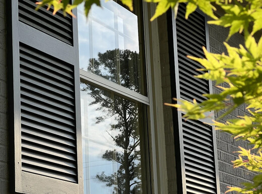 Storm window with leaves in foreground